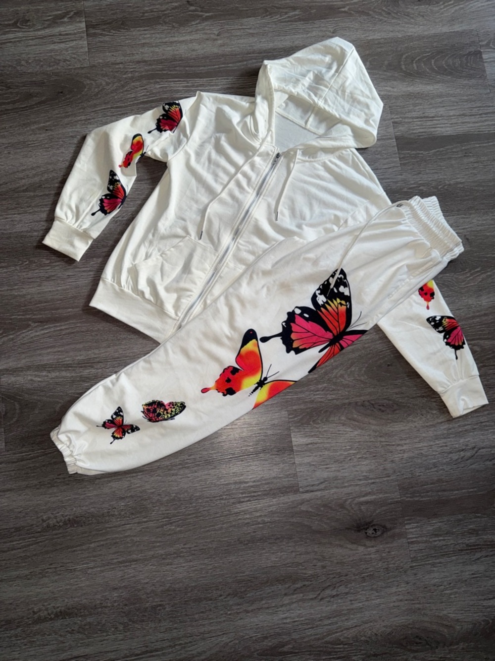 Women's White Butterfly Print Hoodie Jumpsuit Set
